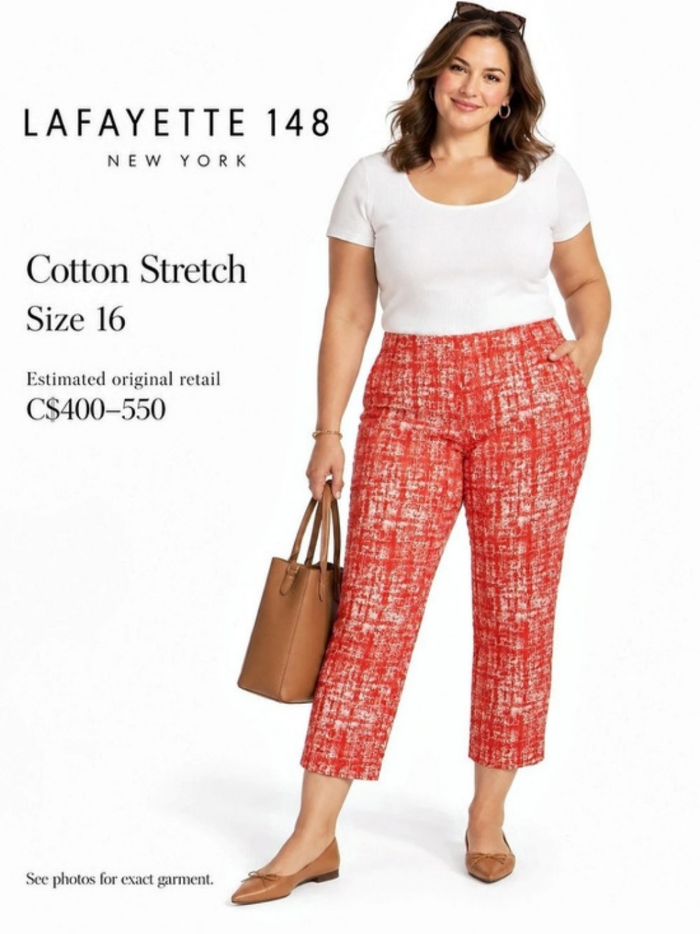 Lafayette 148 New York Red White Abstract Crosshatch Side Zip Pants Side Zip